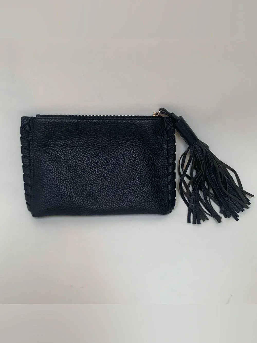 All Saints Black Leather Tassel Zip Clutch Wristlet Pebbled